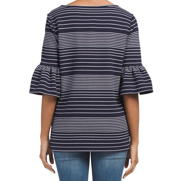 Max Studio Women’s Small Navy White Striped Ruffle Bell Sleeve Top - Picture 2 of 12